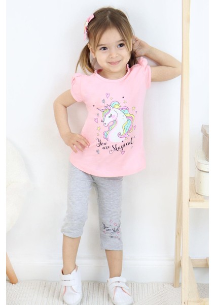 Kız Çocuk Kapri Taytlı Takım Unicorn Baskılı 1.5-5 Yaş, Pembe