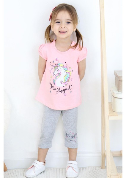 Kız Çocuk Kapri Taytlı Takım Unicorn Baskılı 1.5-5 Yaş, Pembe