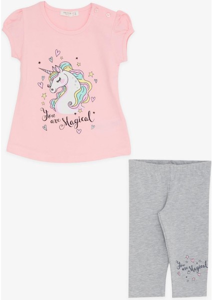 Kız Çocuk Kapri Taytlı Takım Unicorn Baskılı 1.5-5 Yaş, Pembe