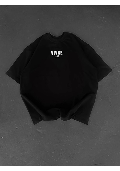 Baskılı Oversize Bisiklet Yaka T-Shirt - Siyah