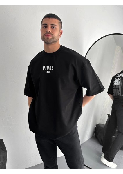 Baskılı Oversize Bisiklet Yaka T-Shirt - Siyah
