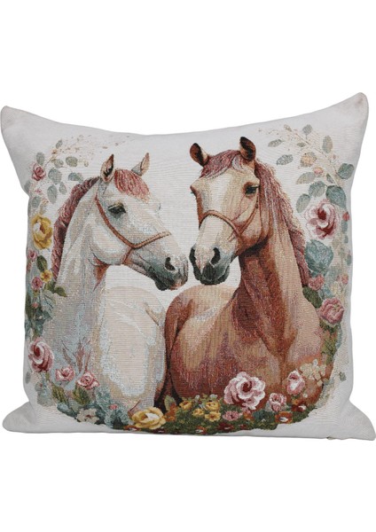Belıeve Two Horse Jakarlı Dokuma Goblen Dekoratif At Sevgisi Kırlent 45*45