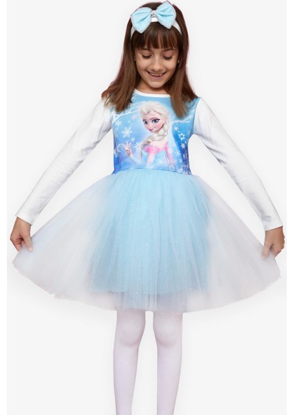 Kız Çocuk Uzun Kollu Elbise Karlar Kraliçesi Elsa 5-10 Yaş, Mavi