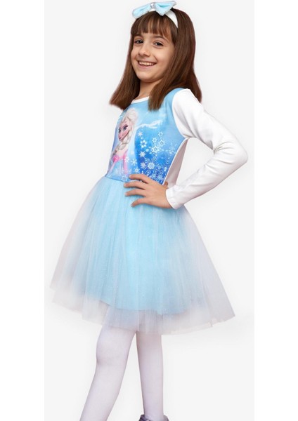 Kız Çocuk Uzun Kollu Elbise Karlar Kraliçesi Elsa 5-10 Yaş, Mavi