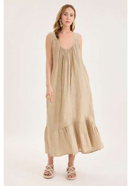 Sırtı Fiyonklu Cepli Keten Elbise fiyatları