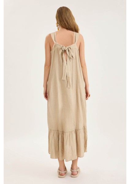 Sırtı Fiyonklu Cepli Keten Elbise fırsatları
