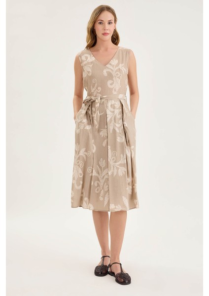 Sıfır Kol Kuşaklı Desenli Piliseli Elbise