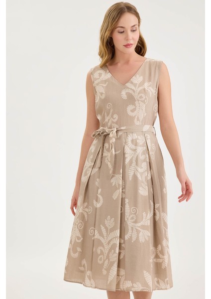 Sıfır Kol Kuşaklı Desenli Piliseli Elbise fiyatları