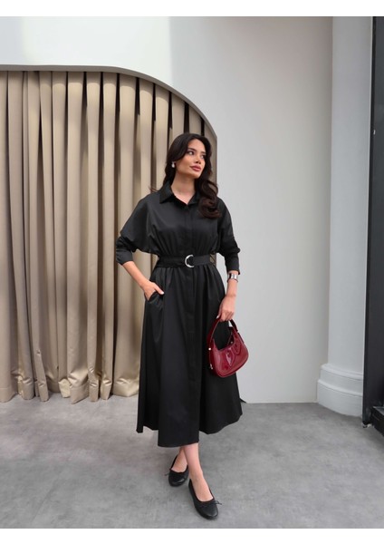 Poplin Kumaş Kuşaklı Gömlek Elbise