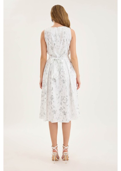 V Yaka Pileli Beli Kuşaklı Simli Elbise indirimleri