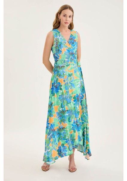 V Yaka Beli Bağlamalı Çiçek Desen Elbise