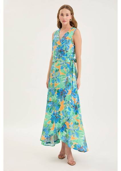 V Yaka Beli Bağlamalı Çiçek Desen Elbise fiyatları