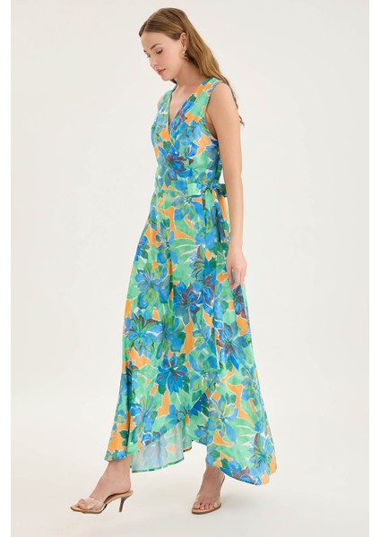 V Yaka Beli Bağlamalı Çiçek Desen Elbise modelleri