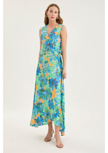 V Yaka Beli Bağlamalı Çiçek Desen Elbise fırsatları