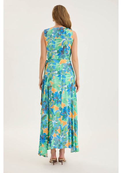 V Yaka Beli Bağlamalı Çiçek Desen Elbise indirimleri