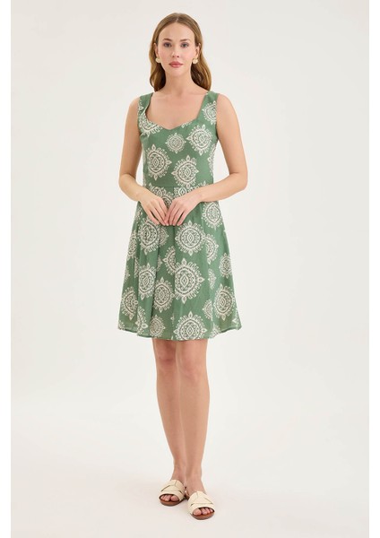 Kalın Askılı Desenli Pileli Mini Elbise