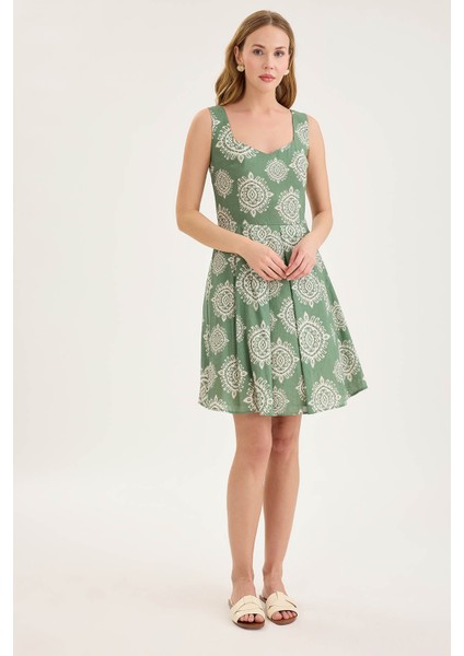 Kalın Askılı Desenli Pileli Mini Elbise indirimleri