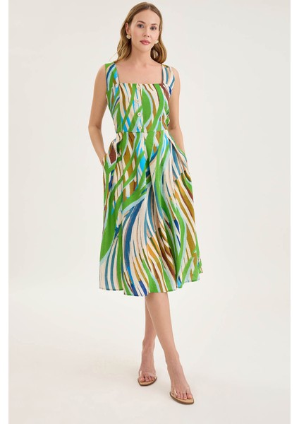 Kare Yaka Önü Düğmeli Desenli Sıfır Kol Elbise