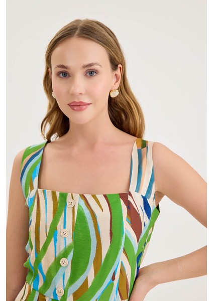 Kare Yaka Önü Düğmeli Desenli Sıfır Kol Elbise fiyatları