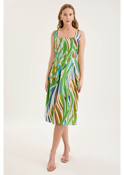 Kare Yaka Önü Düğmeli Desenli Sıfır Kol Elbise modelleri