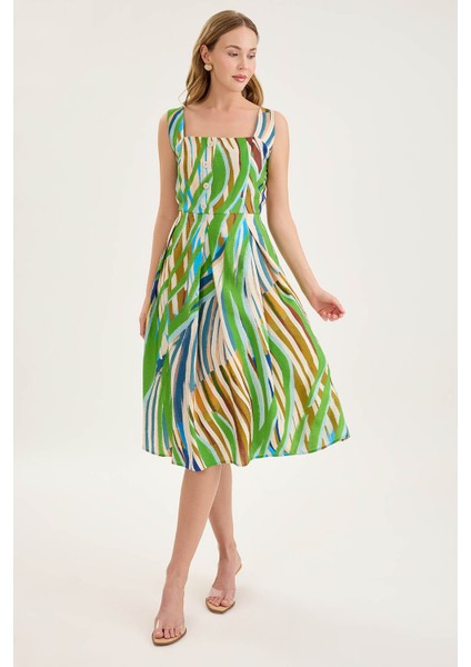 Kare Yaka Önü Düğmeli Desenli Sıfır Kol Elbise fırsatları