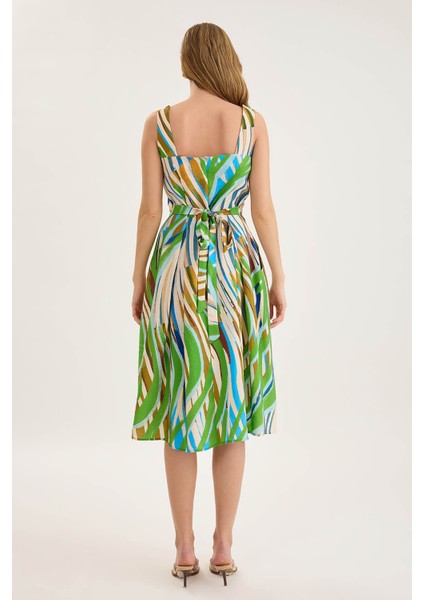 Kare Yaka Önü Düğmeli Desenli Sıfır Kol Elbise indirimleri