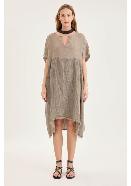 Kısa Kol Etek Kısmı Fileli Keten Elbise