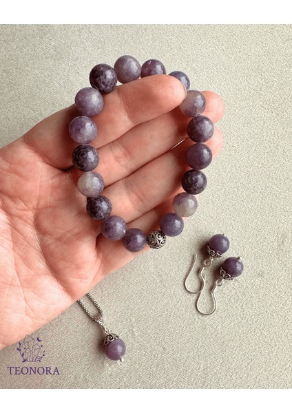 Lepidolit Taşlı Gümüş Set 10MM Lepidolit Kolye - Küpe - Bileklik