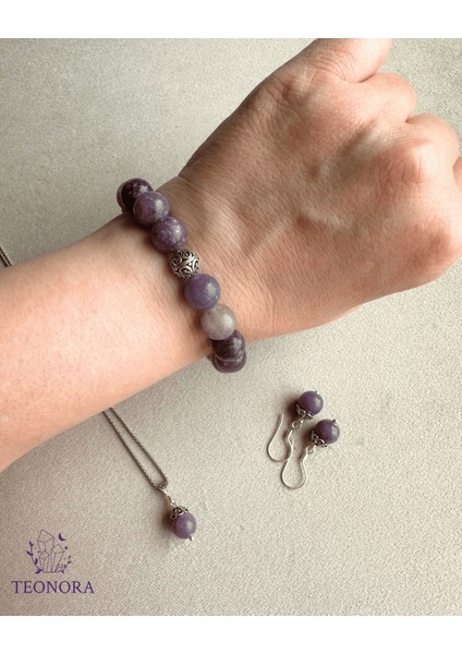 Lepidolit Taşlı Gümüş Set 10MM Lepidolit Kolye - Küpe - Bileklik fiyatları