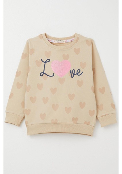 Kız Çocuk Sweatshirt Sevgi Temalı Kalp Desenli 3-8 Yaş, Bej