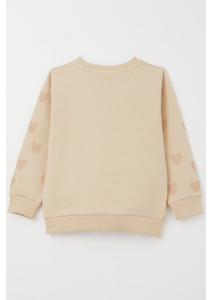 Kız Çocuk Sweatshirt Sevgi Temalı Kalp Desenli 3-8 Yaş, Bej