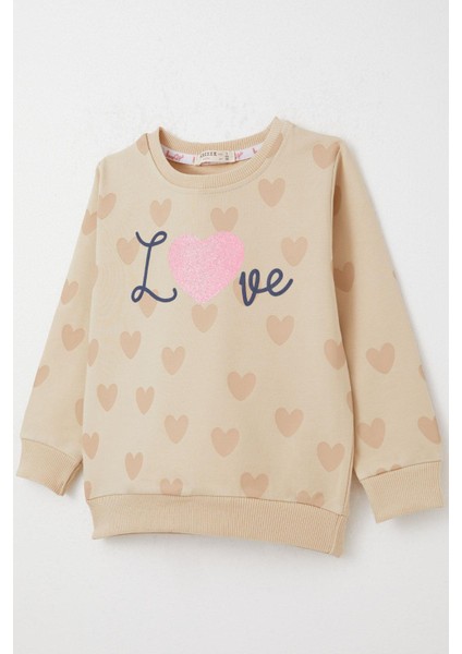 Kız Çocuk Sweatshirt Sevgi Temalı Kalp Desenli 3-8 Yaş, Bej