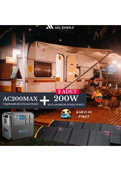 Karavan Enerji Paketi | Bluetti AC200MAX Taşınabilir Güç Kaynağı | 2x 200W Katlanabilir Güneş Paneli