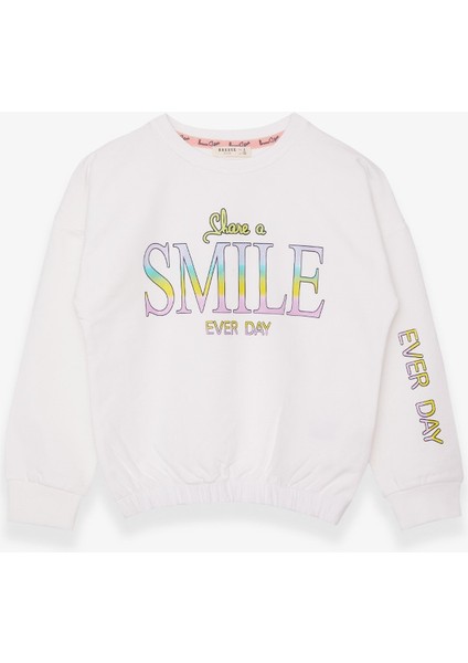 Kız Çocuk Sweatshirt Simli Yazı Baskılı 8-14 Yaş, Ekru
