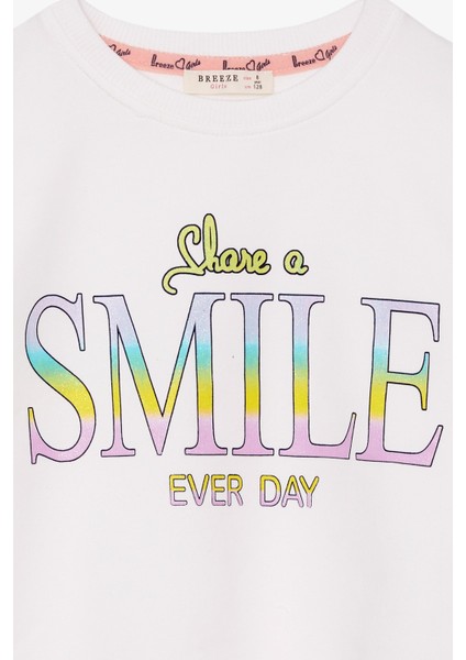 Kız Çocuk Sweatshirt Simli Yazı Baskılı 8-14 Yaş, Ekru