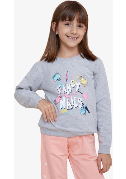 Kız Çocuk Sweatshirt Renkli Oje Baskılı 6-12 Yaş, Gri Melanj
