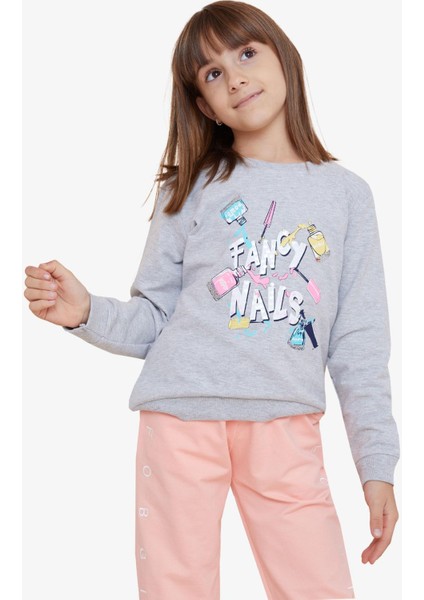 Kız Çocuk Sweatshirt Renkli Oje Baskılı 6-12 Yaş, Gri Melanj fiyatları