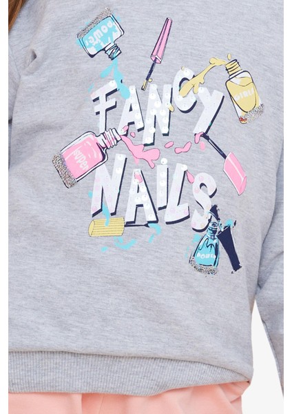 Kız Çocuk Sweatshirt Renkli Oje Baskılı 6-12 Yaş, Gri Melanj fırsatları
