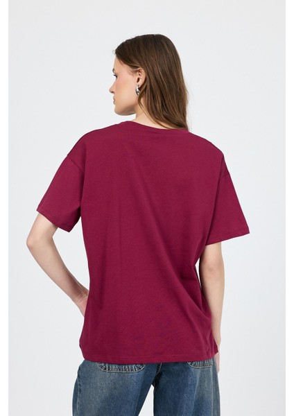 Bordo V Yaka %100 Pamuk Comfort Fit Tişört 2143M indirimleri