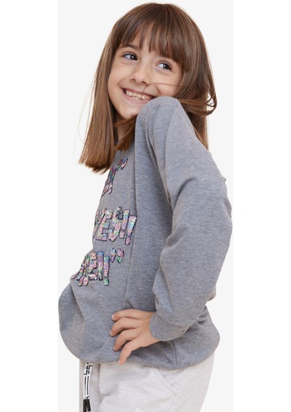 Kız Çocuk Sweatshirt Pullu Yazı Baskılı 8-14 Yaş, Koyu Gri Melanj