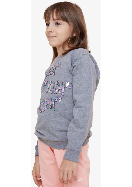 Kız Çocuk Sweatshirt Pullu Yazı Baskılı 8-14 Yaş, Koyu Gri Melanj