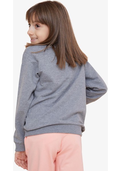 Kız Çocuk Sweatshirt Pullu Yazı Baskılı 8-14 Yaş, Koyu Gri Melanj