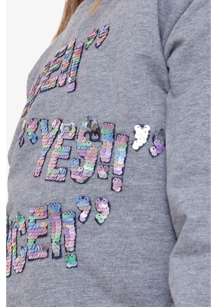 Kız Çocuk Sweatshirt Pullu Yazı Baskılı 8-14 Yaş, Koyu Gri Melanj