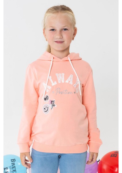 Kız Çocuk Sweatshirt Pullu Simli Gülenyüz Baskılı 4-9 Yaş, Somon