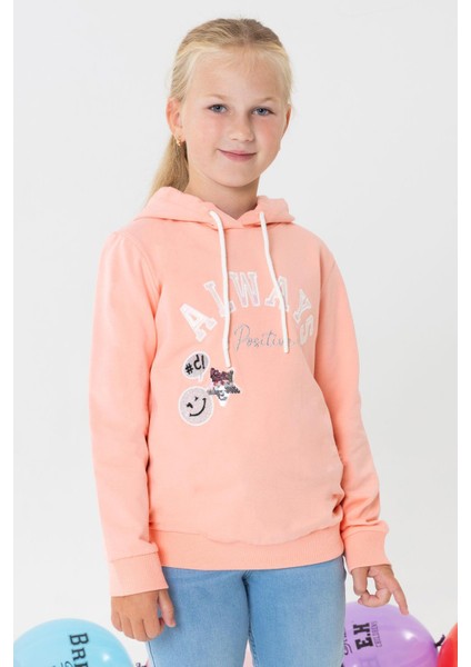 Kız Çocuk Sweatshirt Pullu Simli Gülenyüz Baskılı 4-9 Yaş, Somon