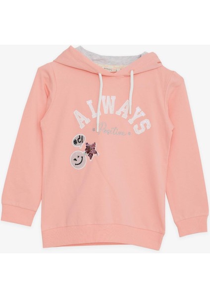 Kız Çocuk Sweatshirt Pullu Simli Gülenyüz Baskılı 4-9 Yaş, Somon
