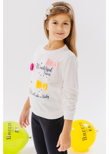 Kız Çocuk Sweatshirt Renkli Fiyonk Aksesuarlı Yazı Baskılı 3-8 Yaş, Ekru