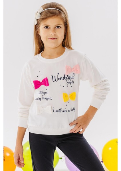 Kız Çocuk Sweatshirt Renkli Fiyonk Aksesuarlı Yazı Baskılı 3-8 Yaş, Ekru modelleri