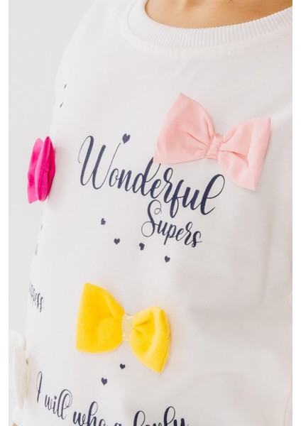 Kız Çocuk Sweatshirt Renkli Fiyonk Aksesuarlı Yazı Baskılı 3-8 Yaş, Ekru fırsatları