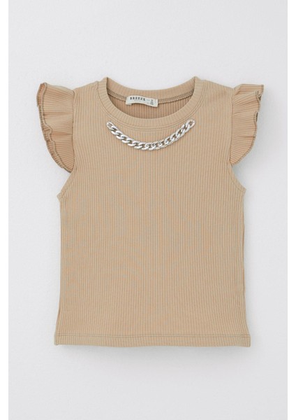 Kız Çocuk Tişört Kemer Boy Yakası Zincir Aksesuarlı 9-14 Yaş, Kahverengi